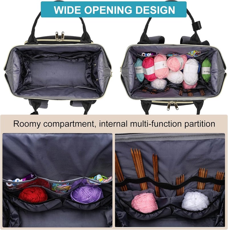 Kuosdaz Crochet Bag Backpack, Large Yarn Storage Crochet Organizer, Christmas Gifts Travel Crochet Backpack for Women, Knitting & Crochet Accessories for Crochet Hooks, Black & Grey - Image 3
